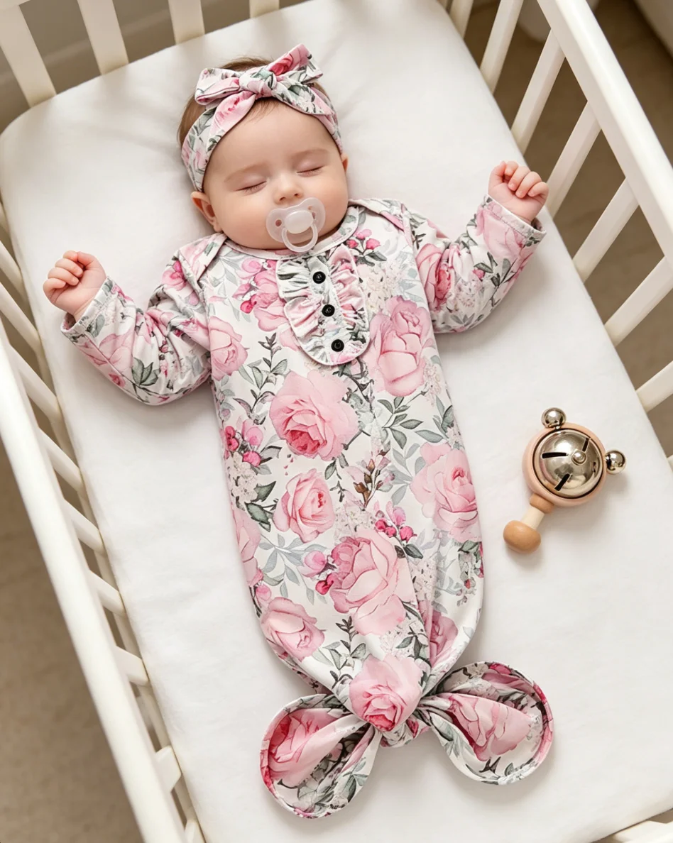 Newborn Baby Floral Sleep Sack Pink Rose Print Knotted Gown with Matching Headband Infant Long Sleeve Sleeping Bag Baby Shower G