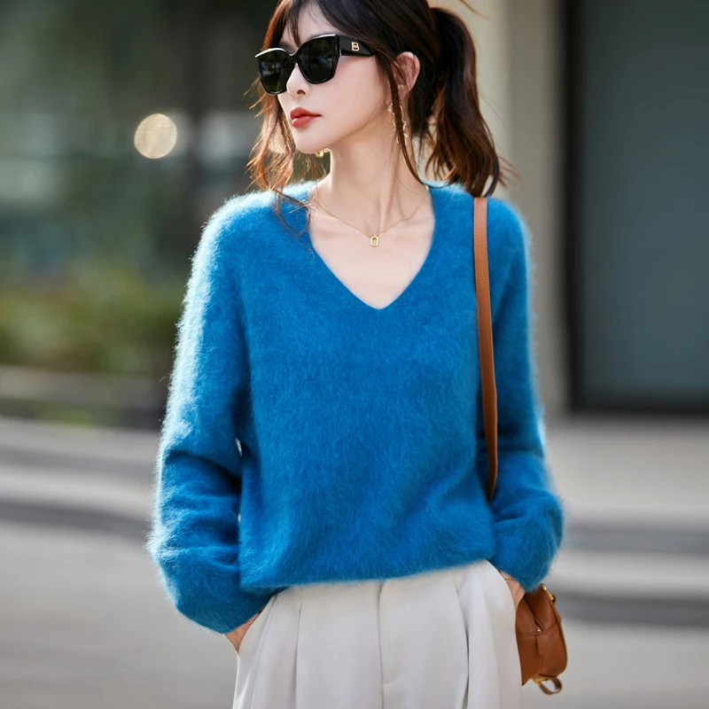 

Осенне-зимний матовый женский шерстяной пуловер с v-образным вырезом, однотонный вязаный свитер большого размера, свободная кашемировая нижняя рубашка