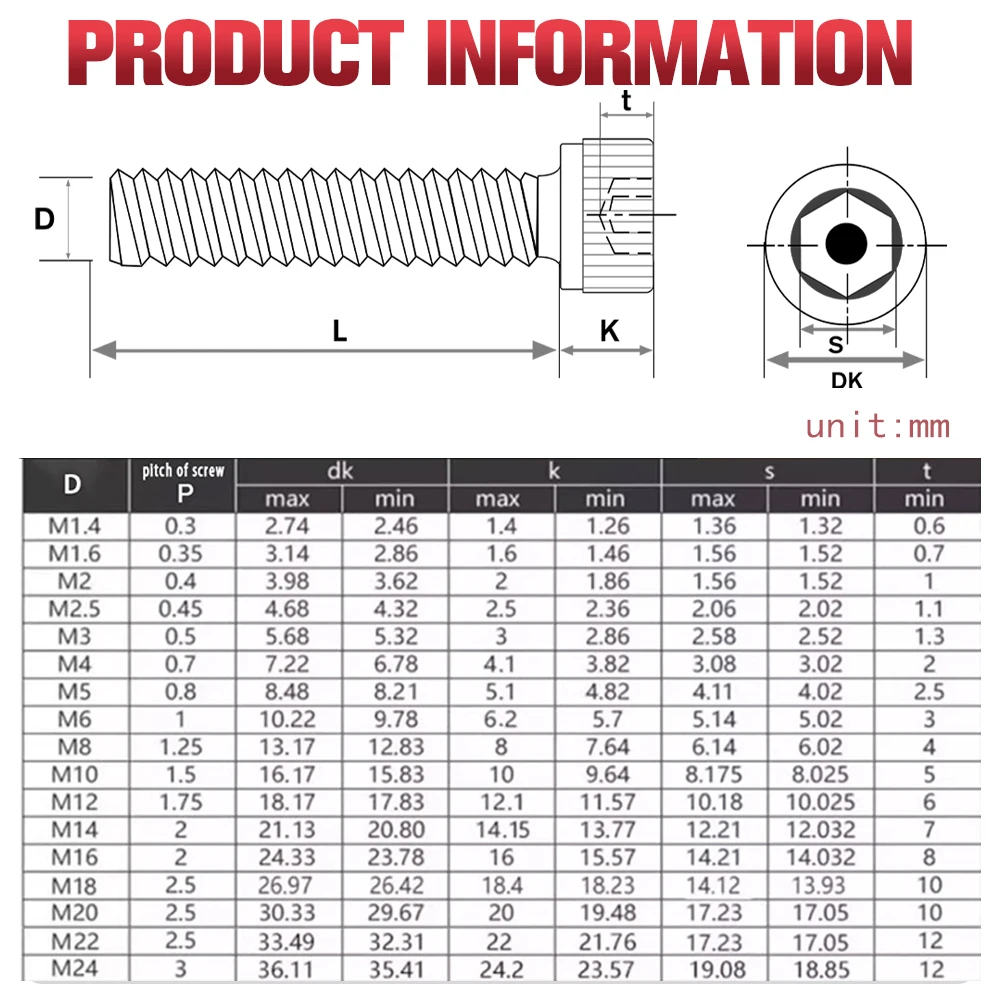 M2M3M4M5M6M8M10M12M14M16 Carbon Steel Grade 12.9 DIN912 Hex Socket Bolts Black Metric Threaded Hexagonal Machine Screws DIY Bolt