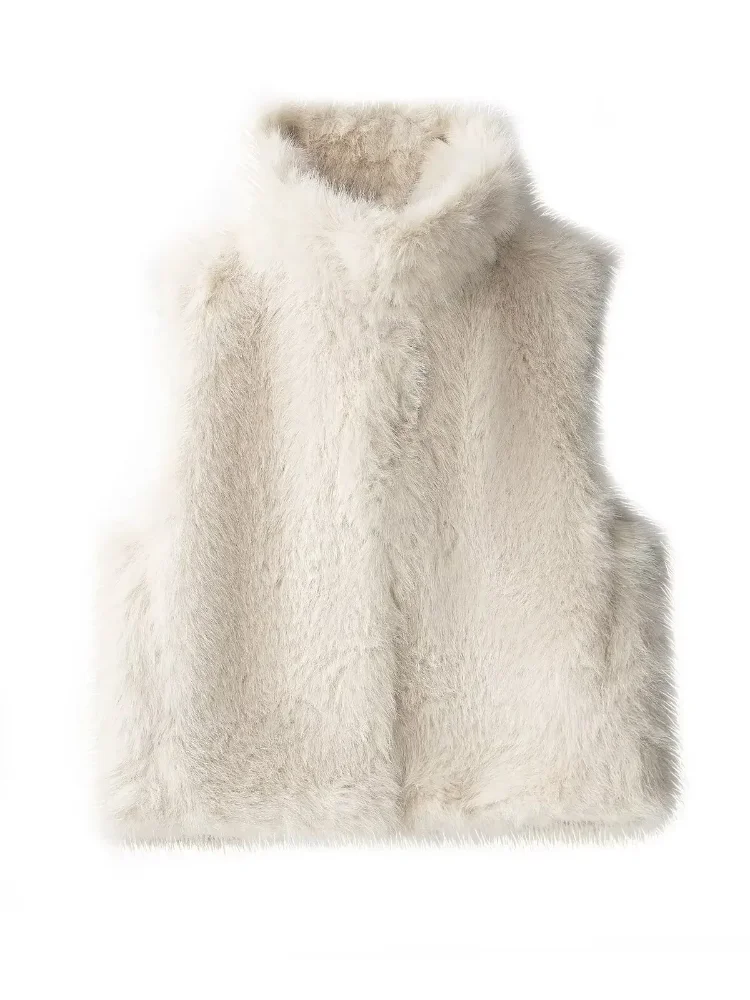 سترات أنيقة من الفرو الصناعي للنساء دافئة بدون أكمام وياقة ثابتة وسميكة وقصيرة وفضفاضة ملابس نسائية للخريف والشتاء للتنقل