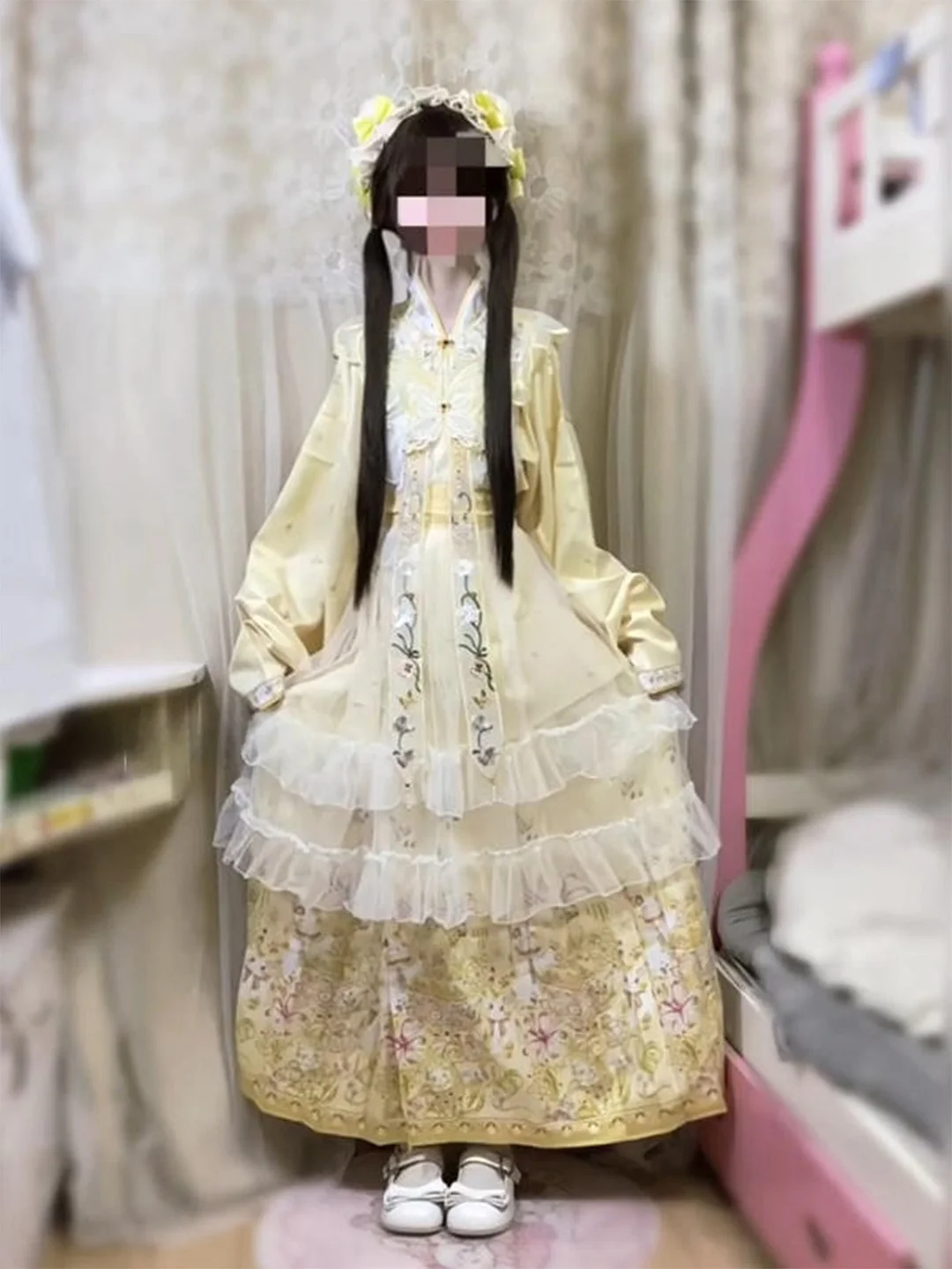 Yellow Ming Dynasty Embroidered Cloud Shoulder Women's Hanfu Dress Cute Lolita Skirt Traditional Chinese Costume Set