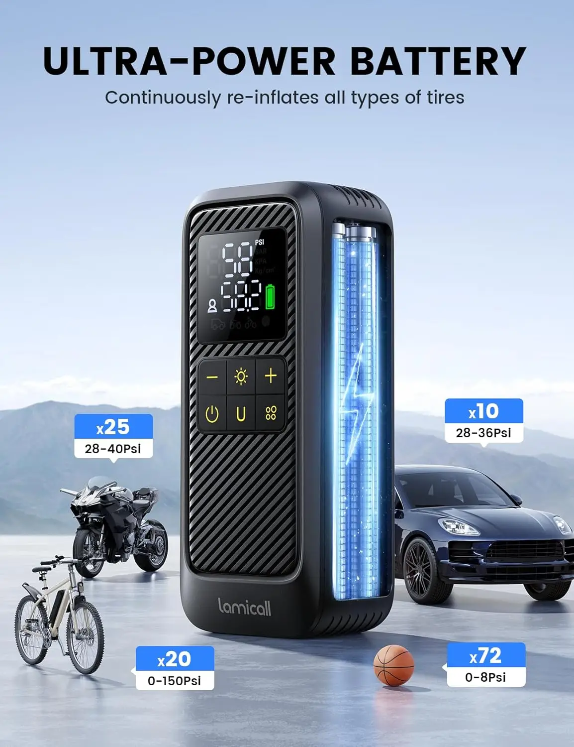 منفاخ إطارات السيارة المحمول 150 رطل لكل بوصة مربعة ضاغط هواء مع بطارية قابلة للشحن للسيارة والدراجات النارية والدراجة والمركبات ATV والسكوتر