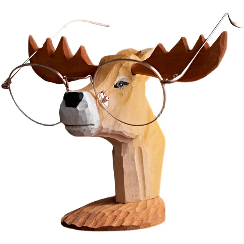 Creative wood carving deer dog horse glasses bracket ornaments handmade log carving home decoration crafts