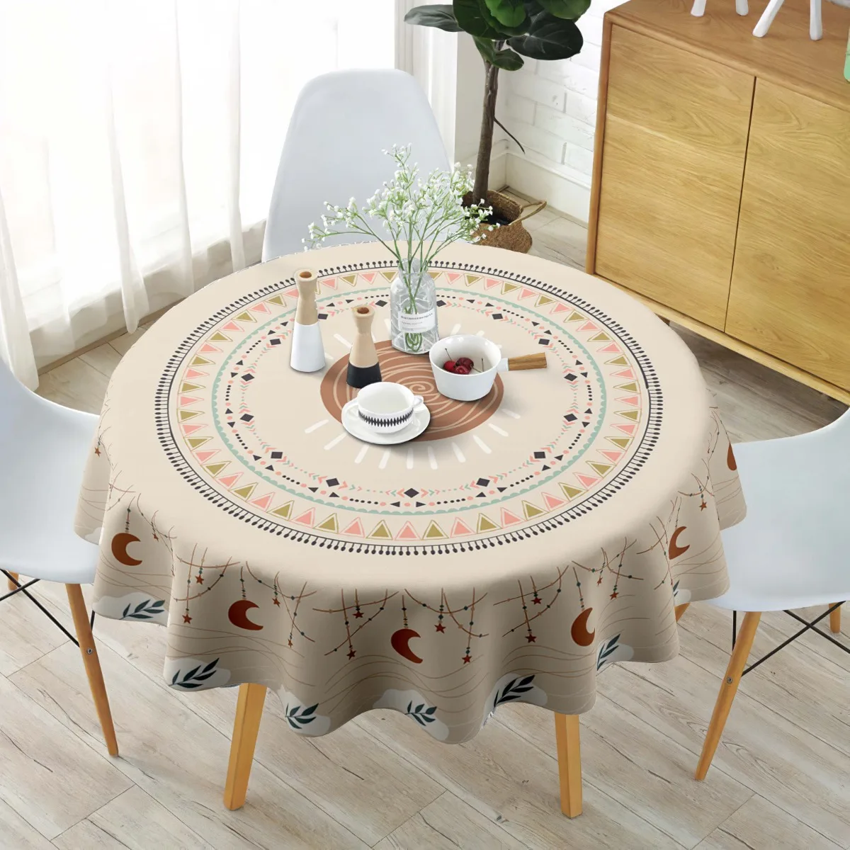 Bohemian style mandala tablecloth with spiral patterns surrounding triangles in the center