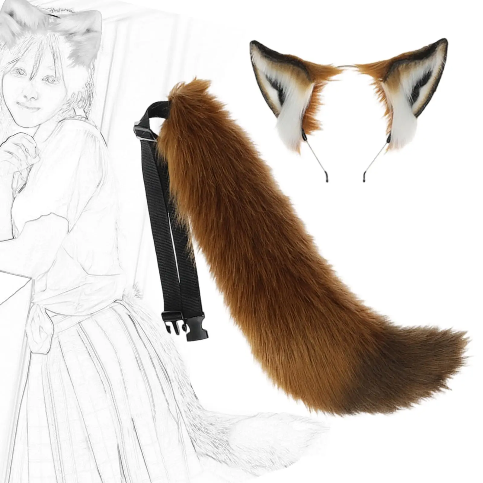 Animal Ears Faux Headband Hair Hoop with Plush Tail Cosplay Costume Set for Themed Party Carnival