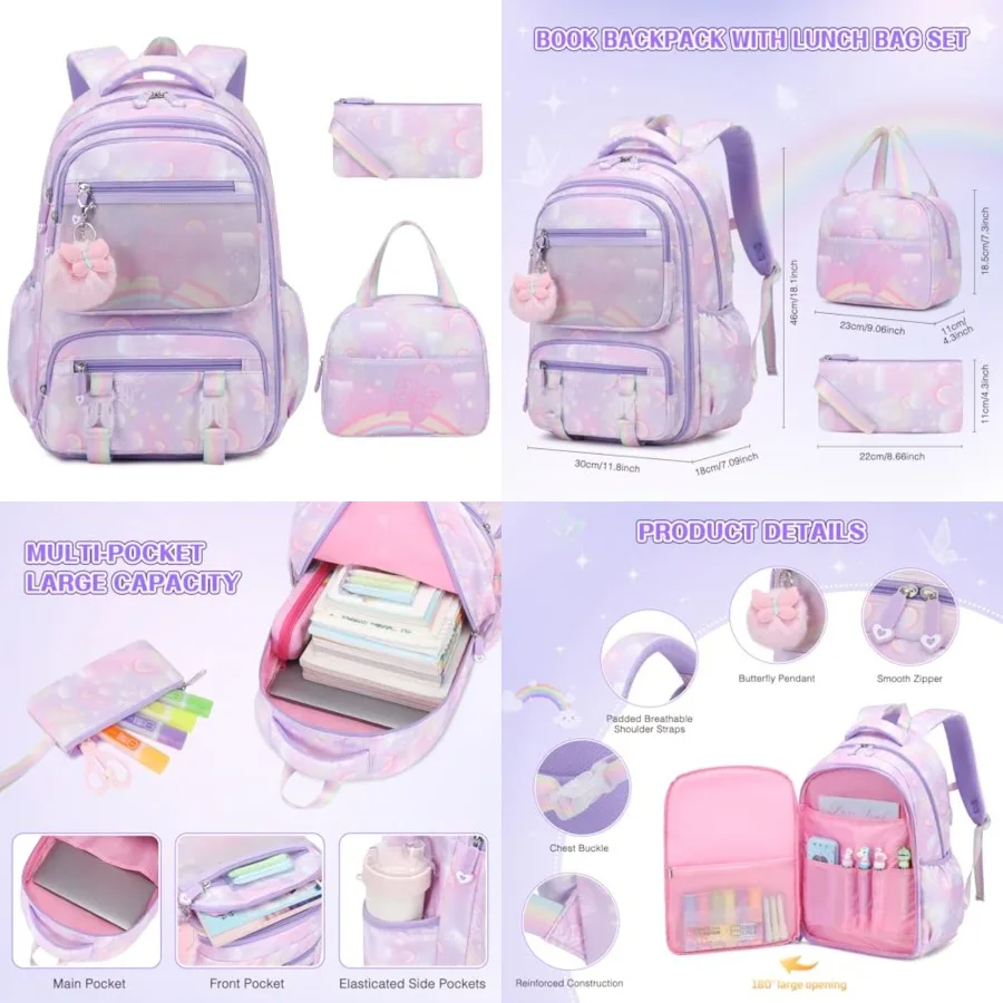 

Backpack for Girls, Rainbow Butterfly Girls Backpacks with Lunch Bag Pencil Case Set, Backpack Kindergarten Elementary Middle S