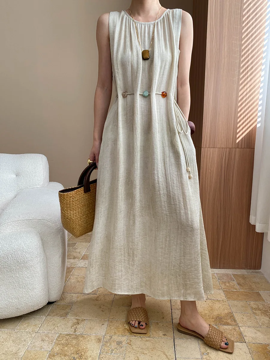 Spring and summer women's casual solid color round neck sleeveless loose dress image 3
