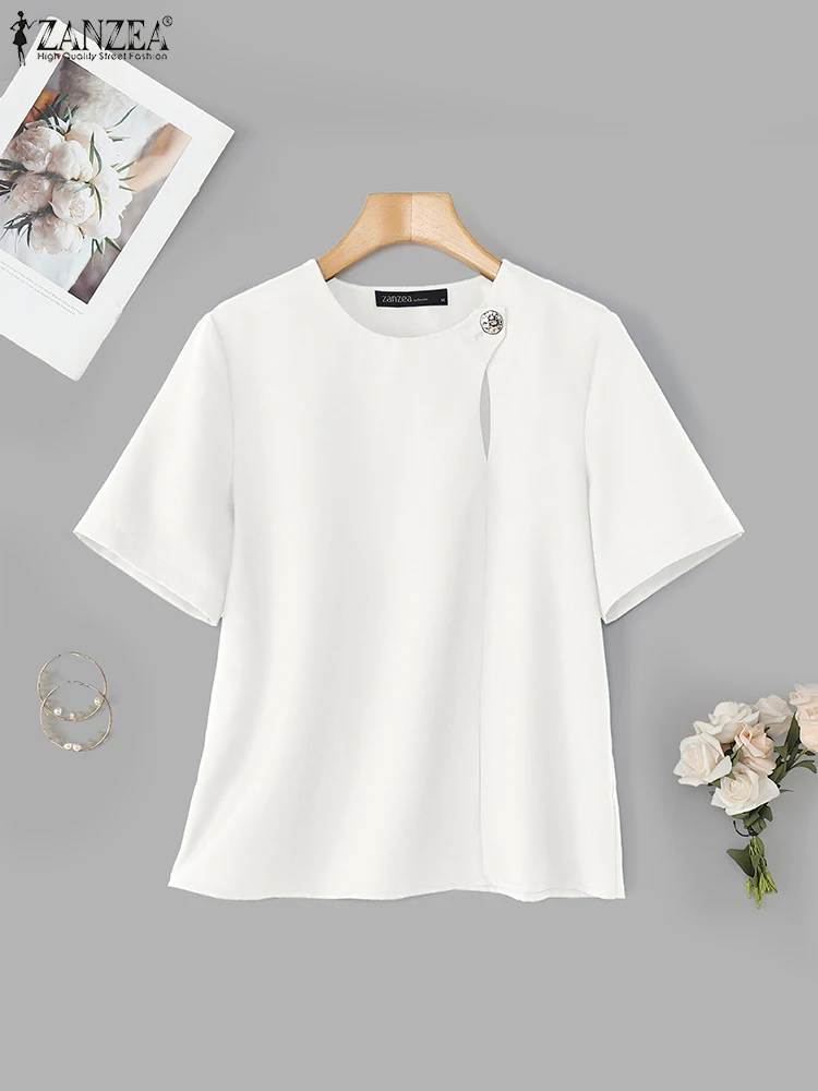

Women Summer OL Work Blouse 2025 ZANZEA Fashion Office Shirt Casual O Neck Short Sleeve Tuniic Elegant Solid Tops Femme Oversize
