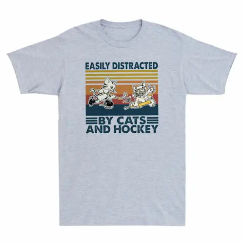 Easily Distracted By Cats And Hockey Cat Playing e Hockey Funny Men's T-Shirt