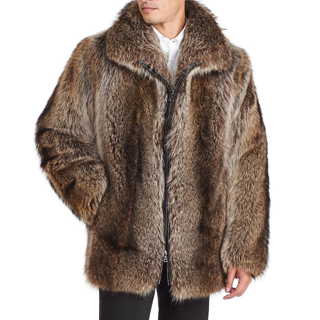 Man Mid-length Real Raccoon Dog Fur Jacket Lapel Collar Long Sleeve Zipper Winter Fashion Men Genuine Fur Coat Luxury Outwear