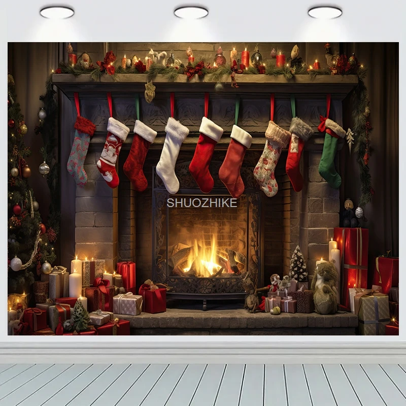Gemütliche Weihnachtstag Szene Kamin Fotografie Hintergrund Requisiten Winter Wohnzimmer Neujahr Geschenk Urlaub Foto Hintergrund RS-07