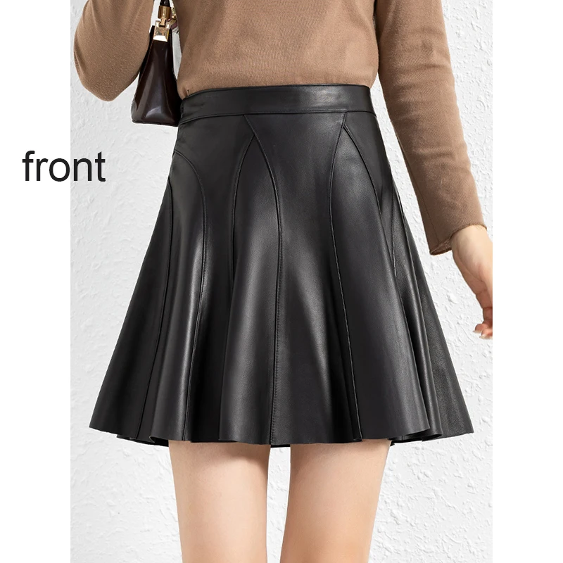 Black Genuine Sheepskin Skirts Autumn Winter Women High Waist Slim A Line Flared Pleated Skirt Real Leather Short Skater Skirt