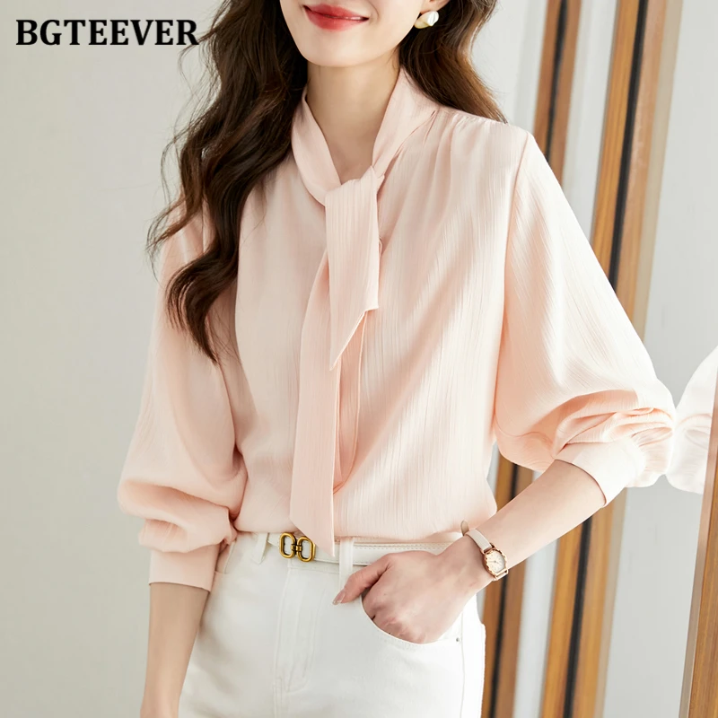 

BGTEEVER Chic Stylish V-neck Ribbon Women Chiffon Blouses Elegant Long Sleeve Loose Single-breasted Ladies Tops Autumn Shirts