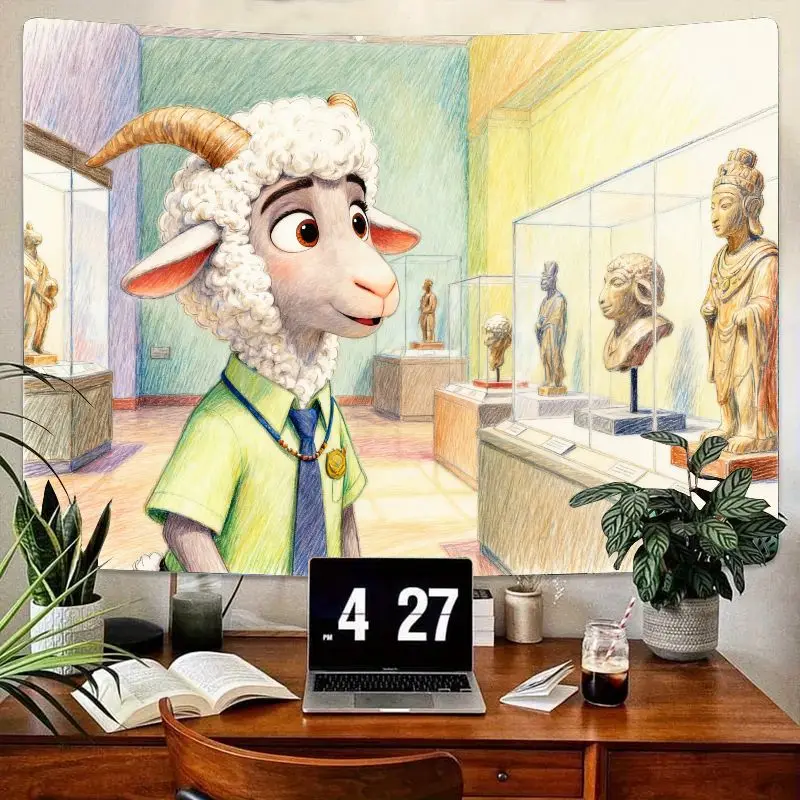 Tapiz del Museo de ovejas Zootopia Bellwether, arte de la pared de dibujos animados, decoración del hogar de poliéster, regalo estético para dormitorio, sala de estar, 1 ud.