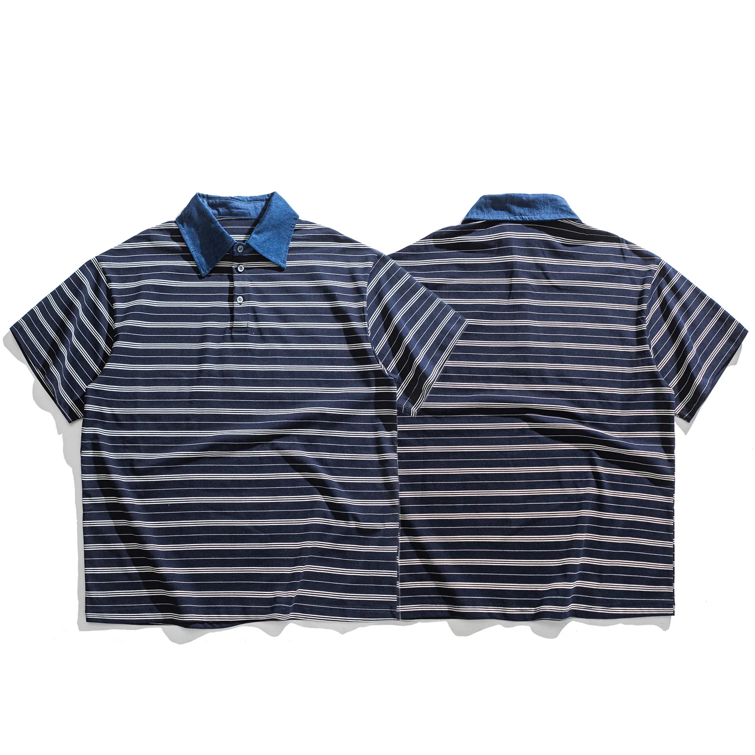 Summer Japanese Retro Amikaji Striped Short Sleeved Polo Shirt Loose Denim Lapel Patchwork Sea Soul