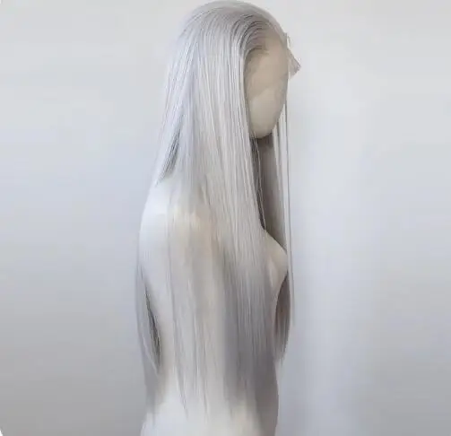 Silver Grey Synthetic Lace Front Wig Long Straight Lace Front Synthetic Wig Pre Plucked Heat Resistant Hair Daily Wear Cosplay