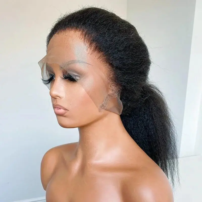 Soft Yaki Preplucked 18Inch Short Natural Black 180Density Lace Front Wigs For Women Kinky Curly Baby Hair Glueless Good Texture