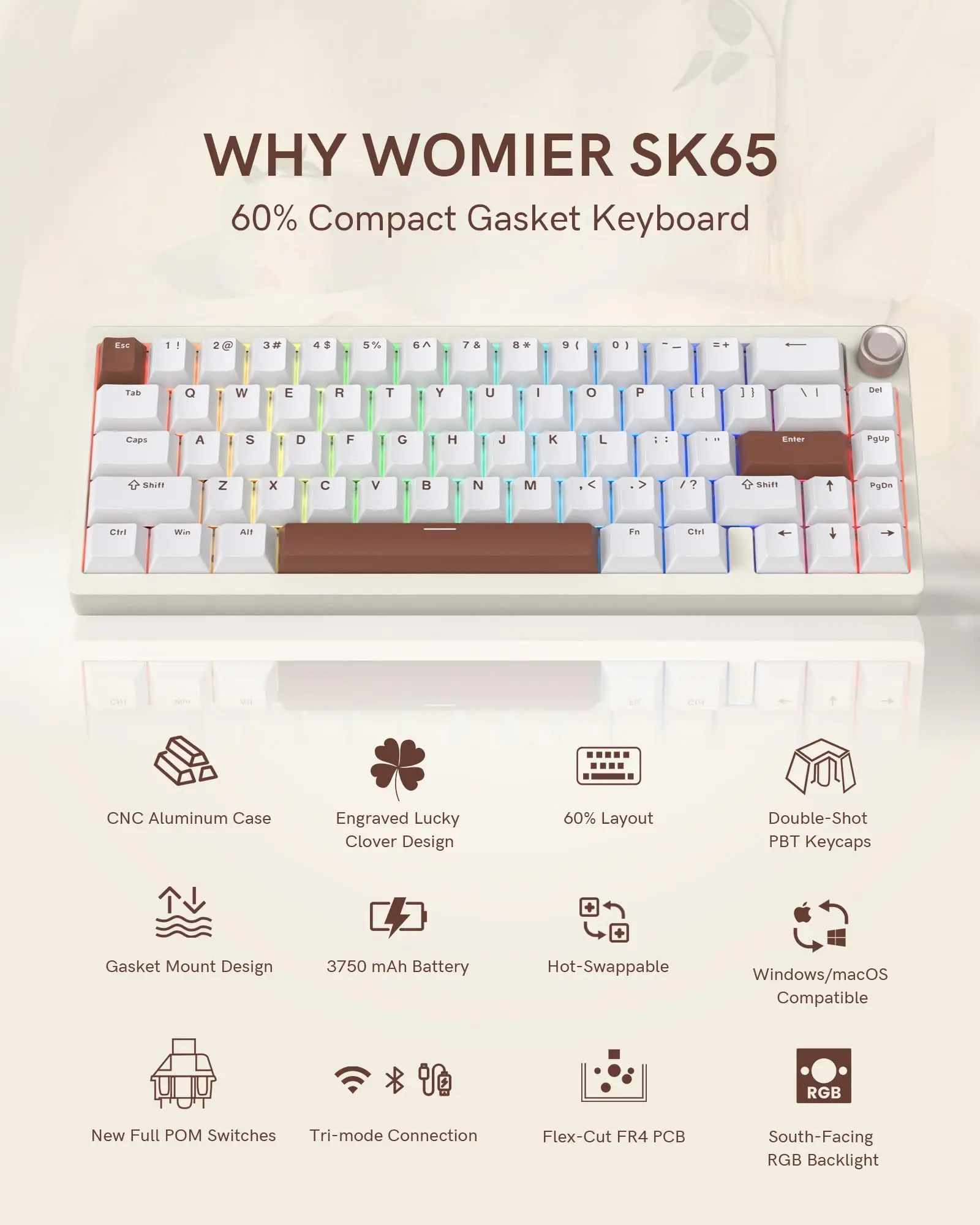 Womier SK65 60% Retro Creamy White Aluminium Keyboard Wireless Mechanical Keyboard Tri-Mode Hot Swap RGB Backlit Keyboard for PC