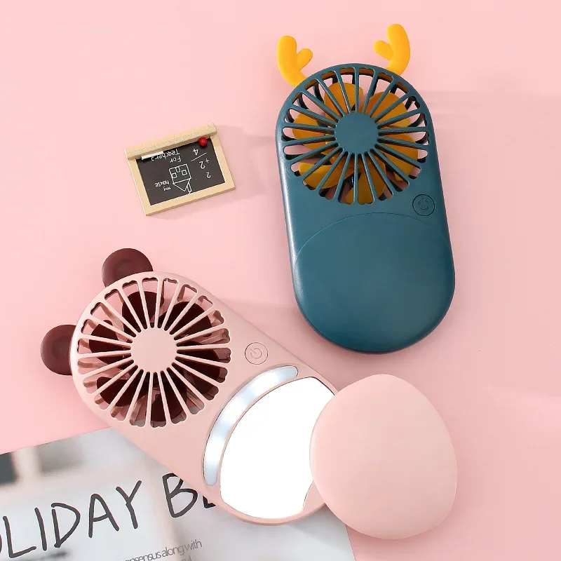 Mini Fan Lamp Mirror Makeup Usb Hand Fan Rechargeable Lady Portable Pocket Fan with One Level Brightness and Two Speed Wind