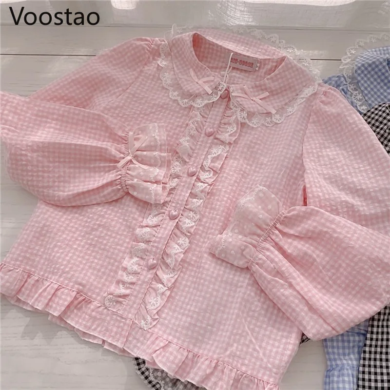 Sweet Lolita Style Blouses Gothic Women Kawaii Bow Lace Ruffles Long Sleeve Plaid JK Shirts Girly Harajuku Y2K Cute Blusas Mujer