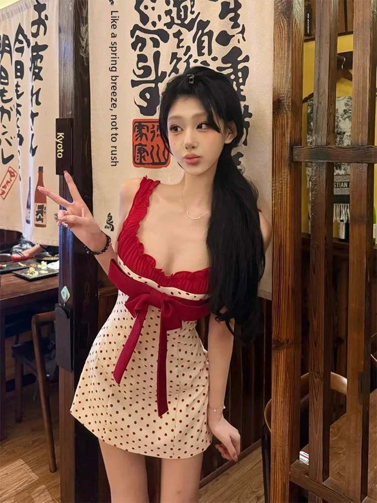 

XZY Sexy Plump Sweet Spicy Girl Color Blo Polka Dot Knot Strap Dr Women's Waist Cinching Square Ne ort Skirt