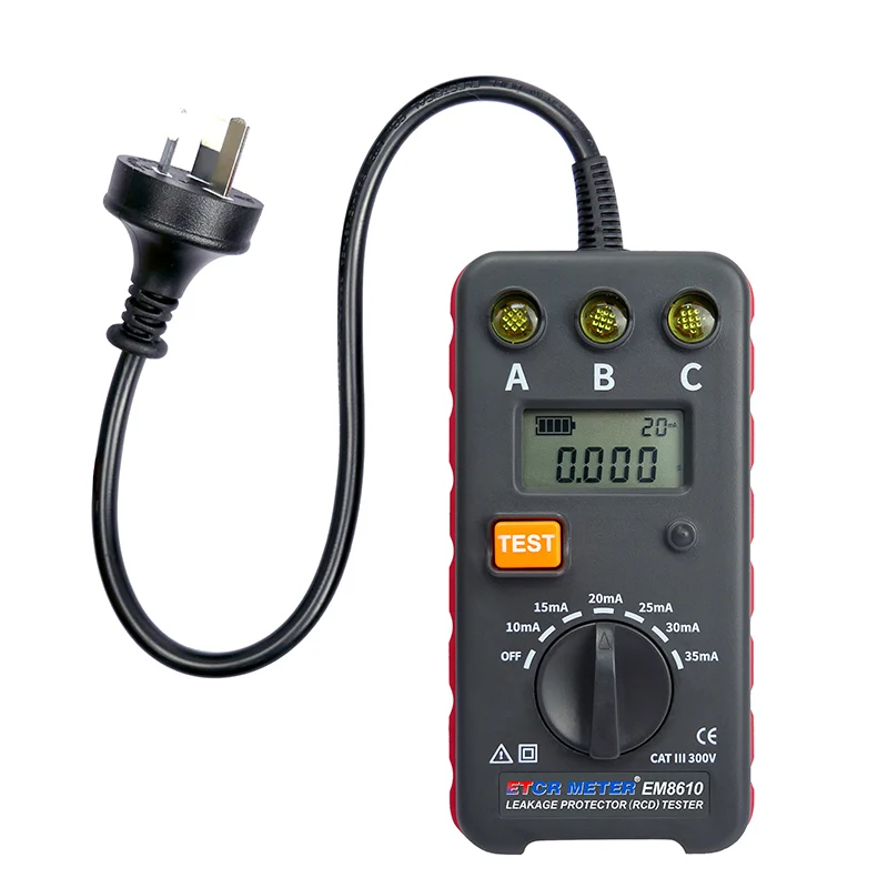 

ETCR EM8610 RCD Tester 10mA-35mA 6 Ranges 0.001s-1.000s Timing Compact Leakage Protector Analyzer with High Accuracy