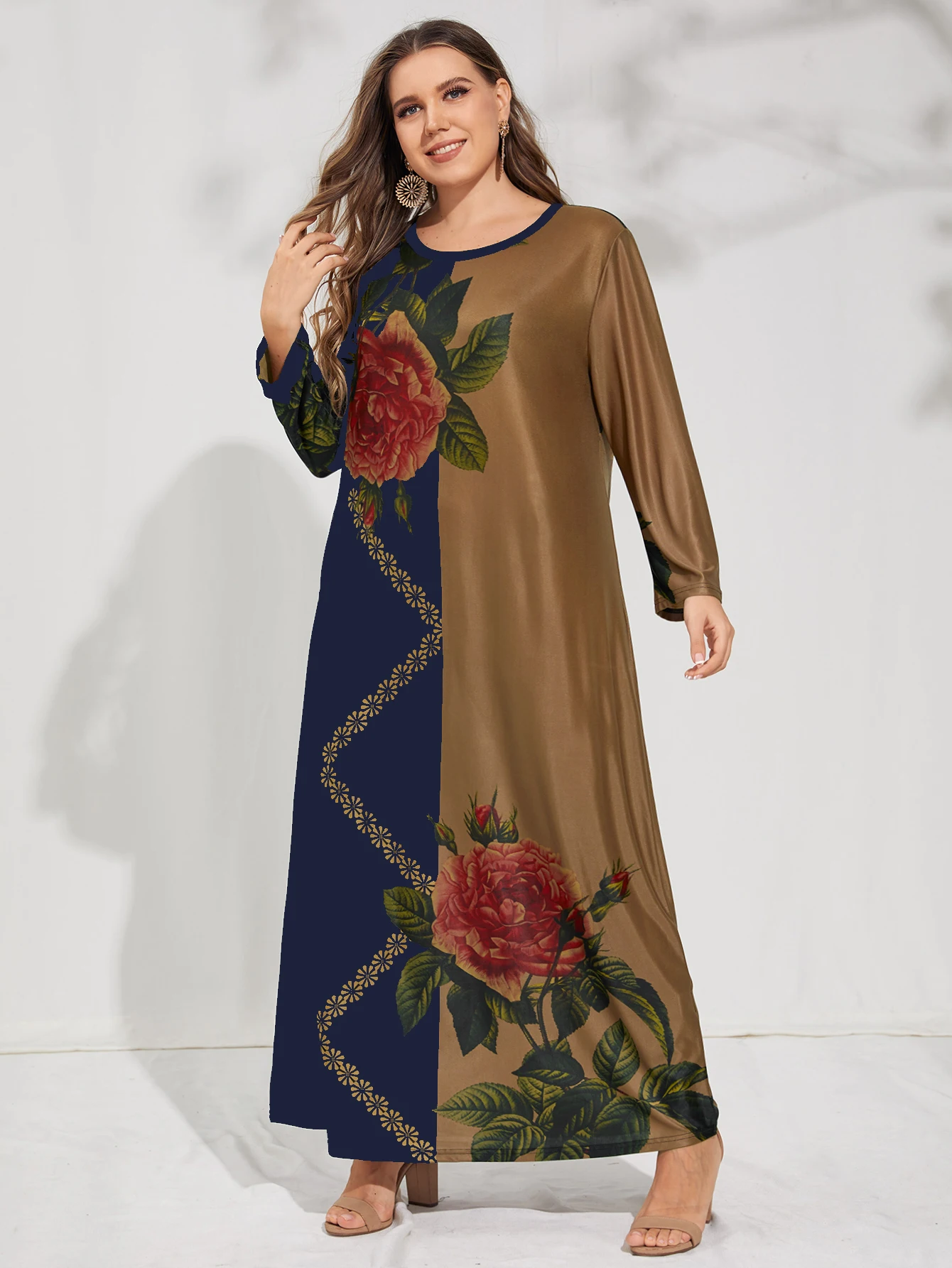 Plus Size Winter Dress Woman Female Long Sleeve Contrast Multicolor Floral Elegant Dress Large Curvy Size Women Clothing