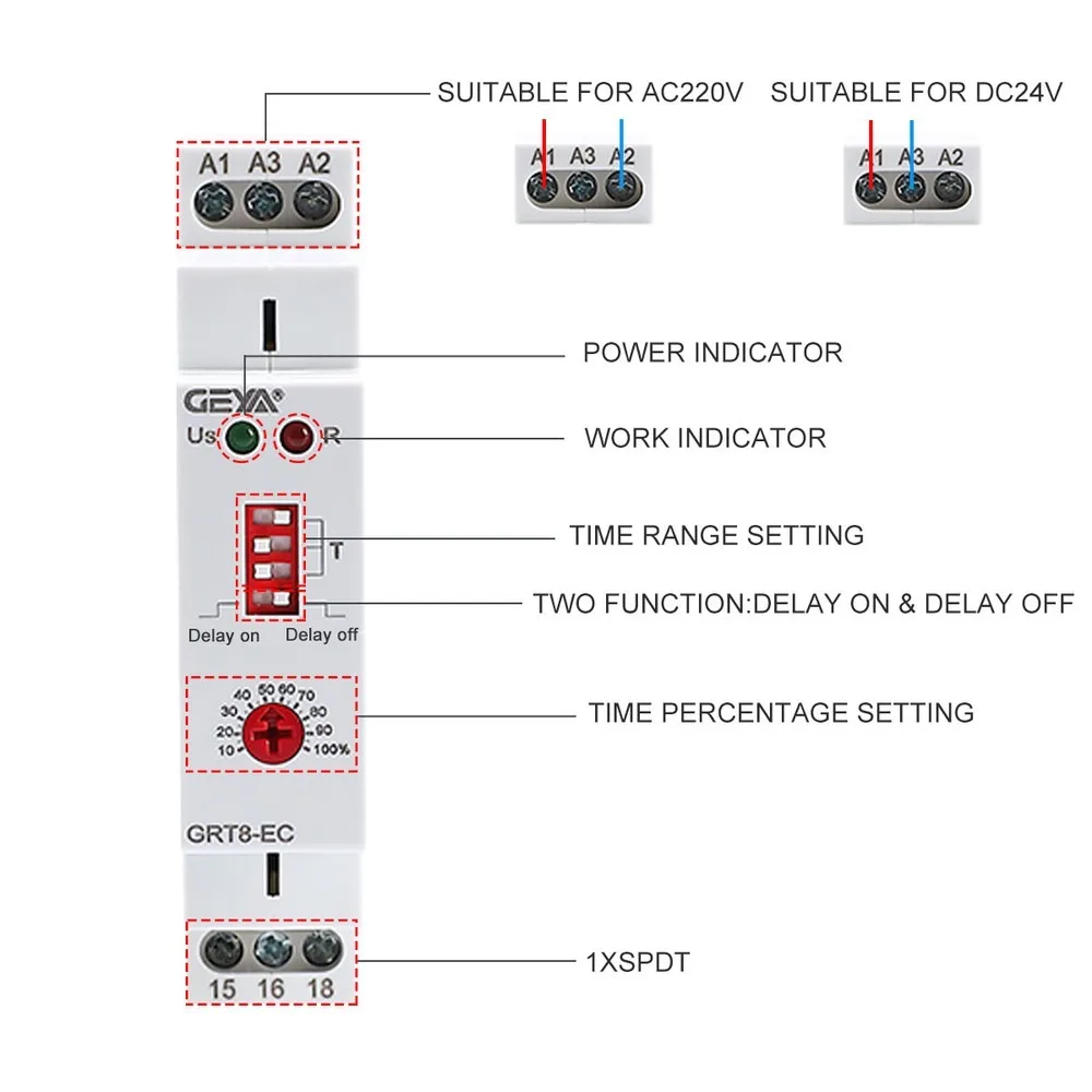 GEYA 10A Dual Function Timer Relay on Delay off Delay Relay AC220V/ACDC24V-240V Time Relay for Industrial Equipment 0.1s-10day