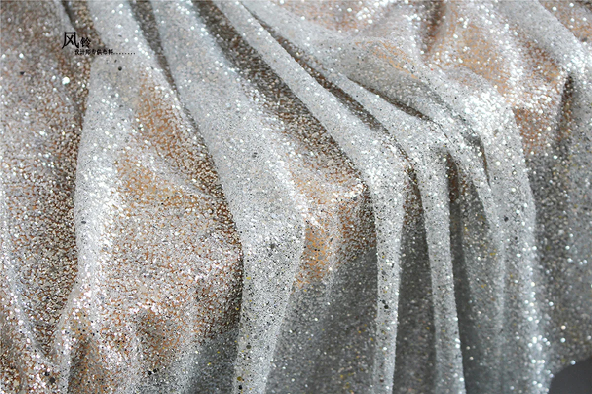 Shiny Sequined Fabric Allover Bronzing Silver DIY Sewing Background Decor Stage Skirt Gown Wedding Dress Designer Fabric