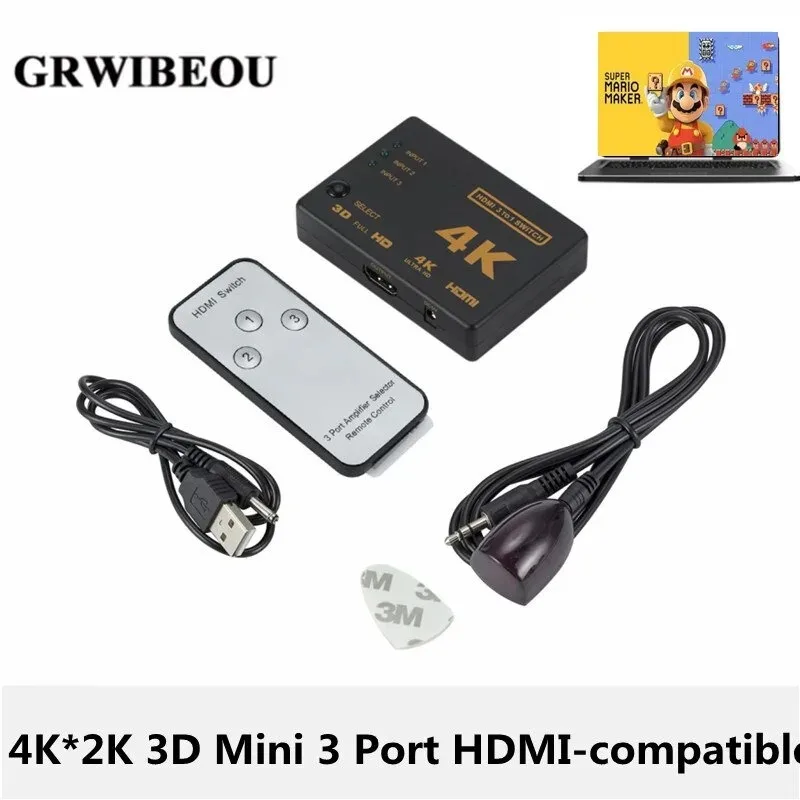 

GRWIBEOU 4K*2K 3D Mini 3 Port HDMI-compatible Switch 1.4b 4K Switcher Splitter 1080P 3 in 1 out Port Hub for DVD HDTV Xbox PS3