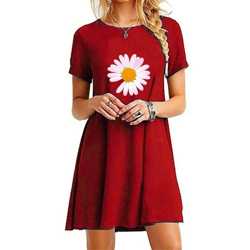 Floral Pattern Women Mini Dresses Summer Short Sleeve 3D Printed Street Flower Ladies Dress 3XL Plus Size Loose Casual Dress