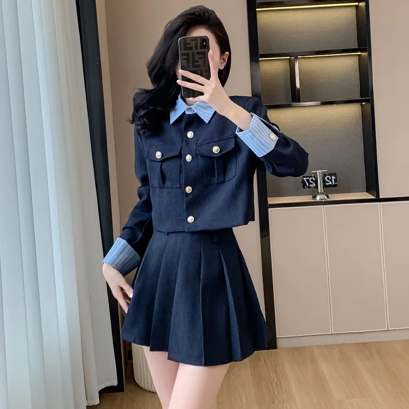 Small Fragrant Tweed Crop Top Two Piece Set Women Bowknot Short Jacket + High waist Mini Pleated Skirt Suits Streetwear Suits