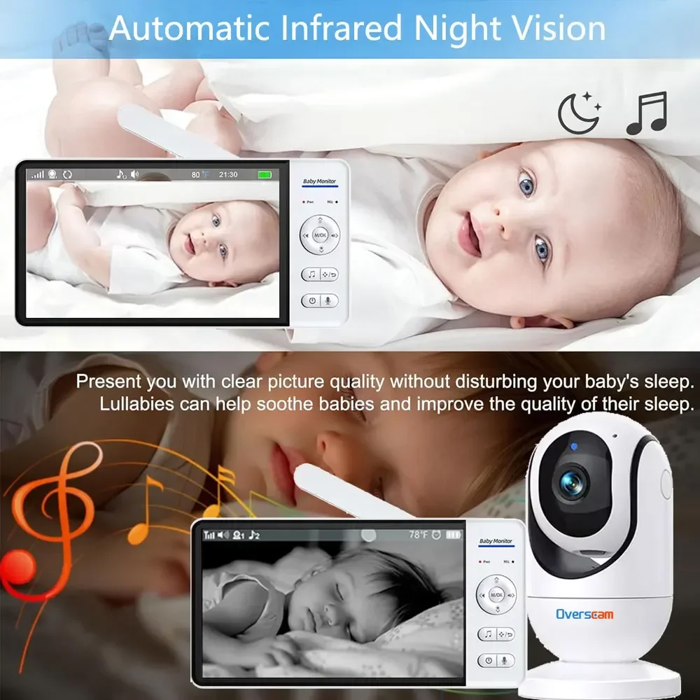 Smart 7.0 Inch Screen Baby Monitor 5000mAh Battery Indoor Security Sound Detection Video Surveillance Temperature Lullabies Cam