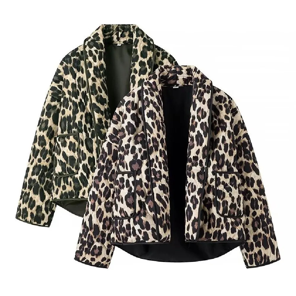 Women Quilting Full Sleeve Warm Loose Jacket Oversize Outerwear Retro Coffee Black Leopard Print Lapel Quilted Coat Ethnic
