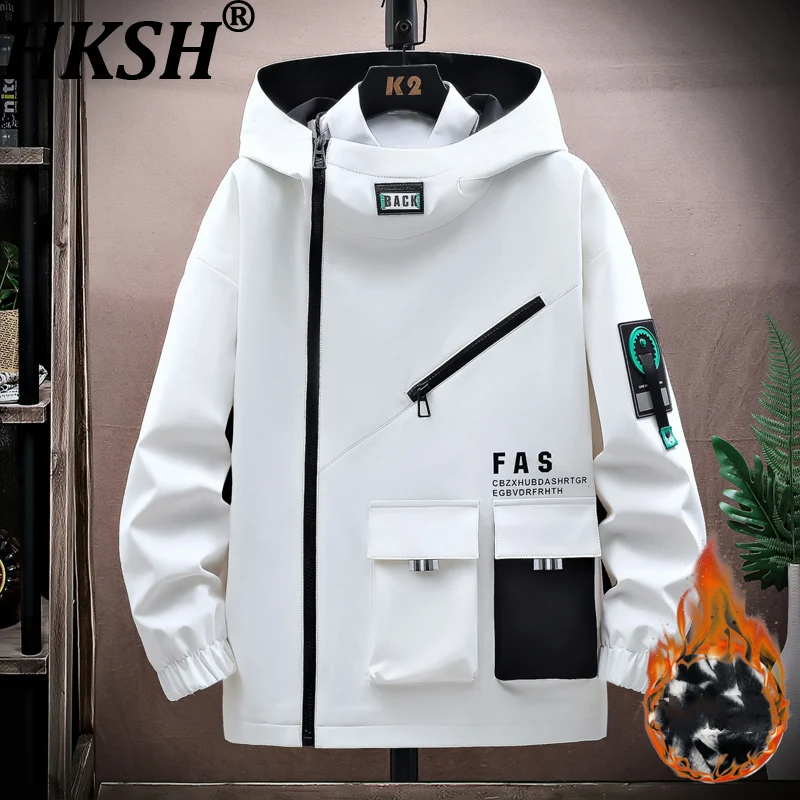 

HKSH Новая мужская утепленная флисовая куртка с капюшоном и контрастными вставками, модное пальто с буквенным принтом, повседневные брюки HK18818