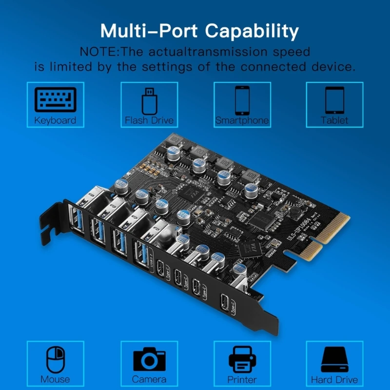 Placa expansão velocidade PCIE USB3.2 4x TypeC + 4xUSB3.2 Suporte PCI-E X16