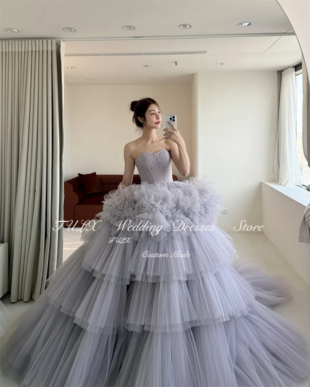 TULX 高級チュールイ​​ブニングドレス韓国結婚式の写真撮影ドレス恋人パーティー床の長さのプリーツティアードコルセットカスタマイズ