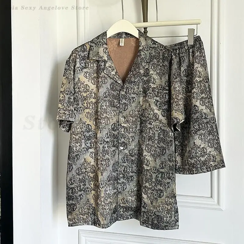 Men's Luxury Printed Pajamas Summer New Short Sleeve Shorts Pyjamas Suit Loose Casual Home Clothes Ice Silk Satin Loungewear