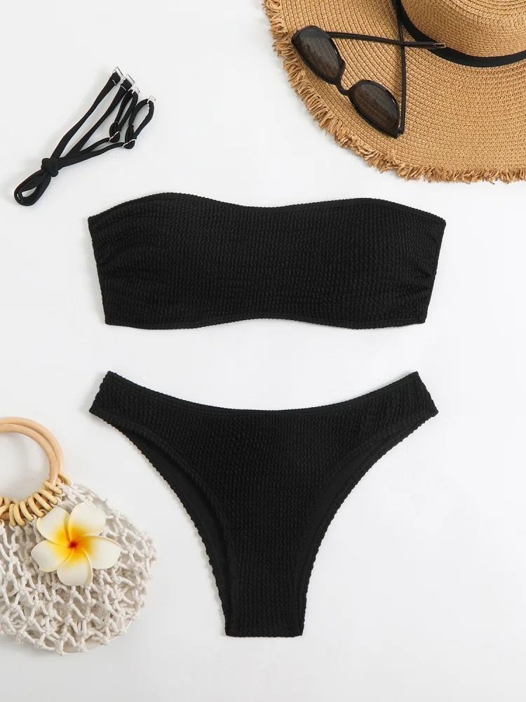 Bikini Women Swimsuit 2026 New Solid Ribbed Tube Top Bikinis Set Sexy High Waist 2 Piece Set Swimwear Summer Beach Bathing Suit