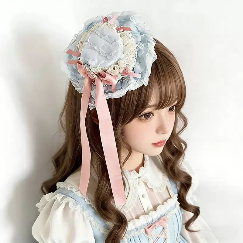 Vintage Lace Frilled Small Bonnet Satin Bow Streamer Decor Lolita Headpiece Women Daily Tea Party Anime Cosplay Hair Decor