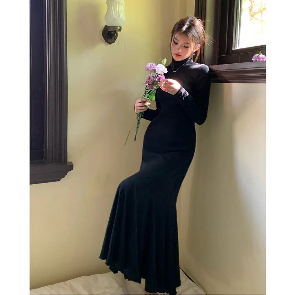 2025 outono novo coreano high street meia alta pescoço vestido feminino cabido interior usar camada base a linha sereia vestido longo senhora do escritório