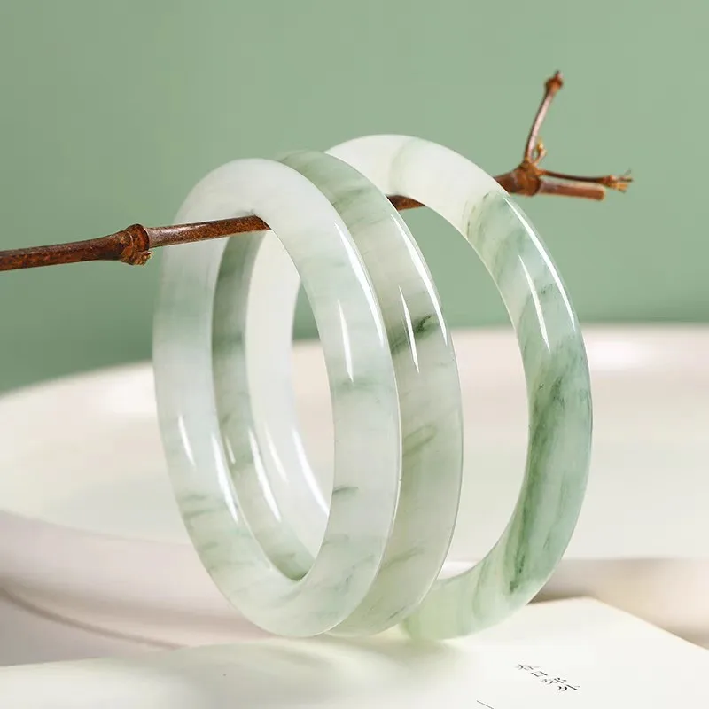 round , multi- natural jade with floral patterns, Xinjiang Tianshan bangle, snow green th