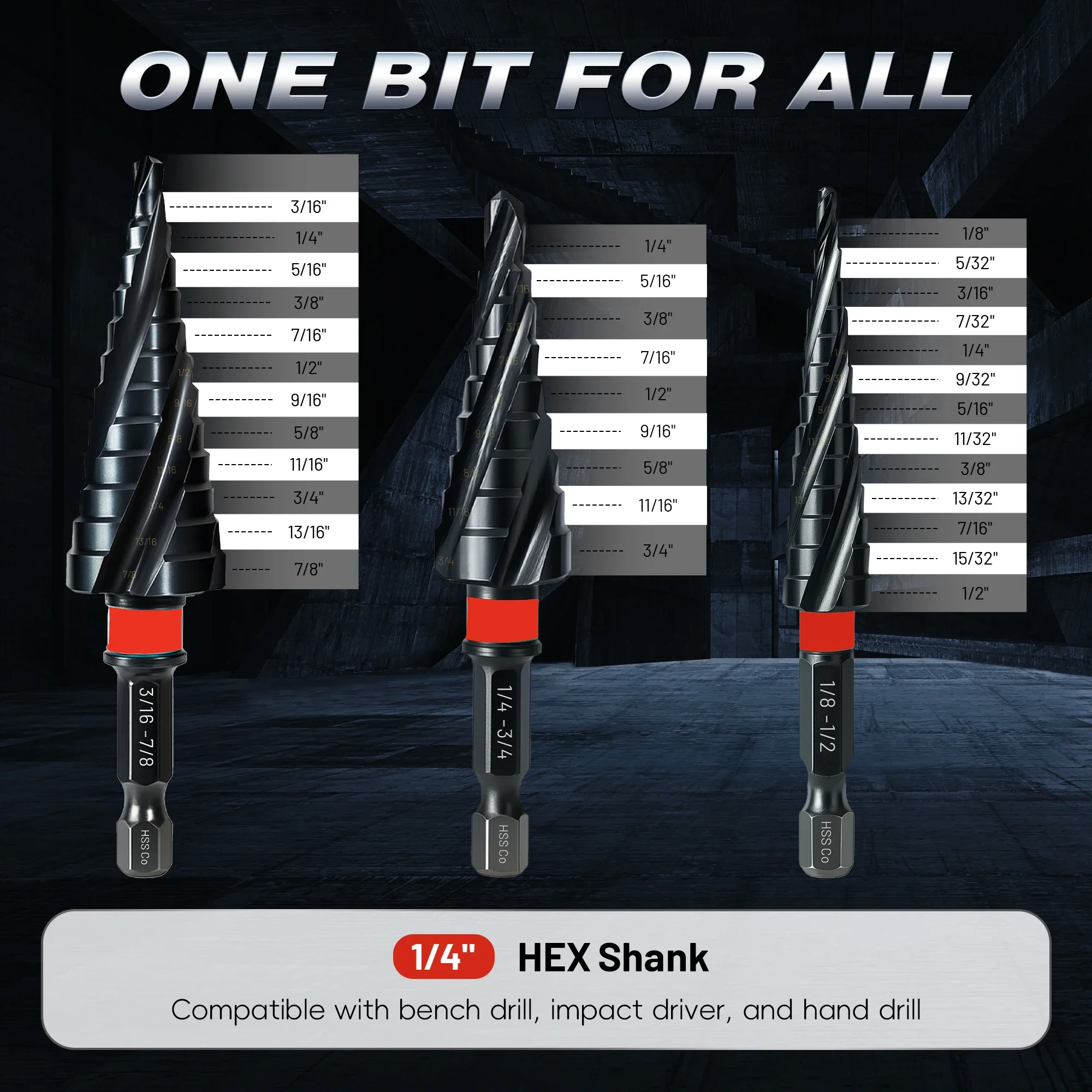EZARC 3PCS Step Drill Bit for Metal, Stainless Steel, Aluminum, Plastic, 1/8