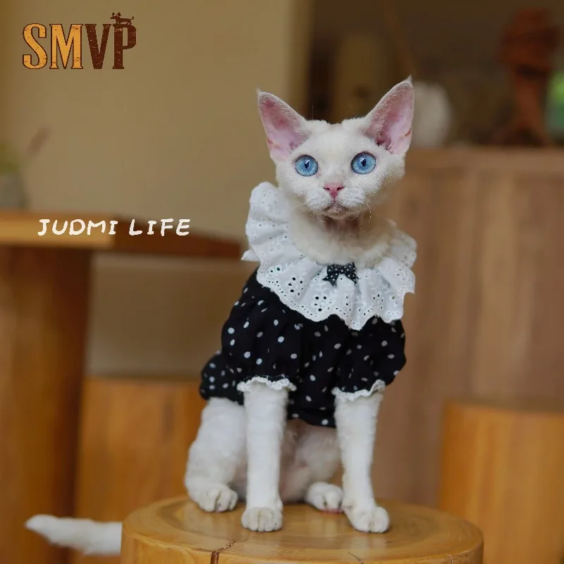 

German Shorthair Cat Summer Pet Clothes Sweet Cute Girl Next Door Style Black Polka Dot Lace Collar Baby Top