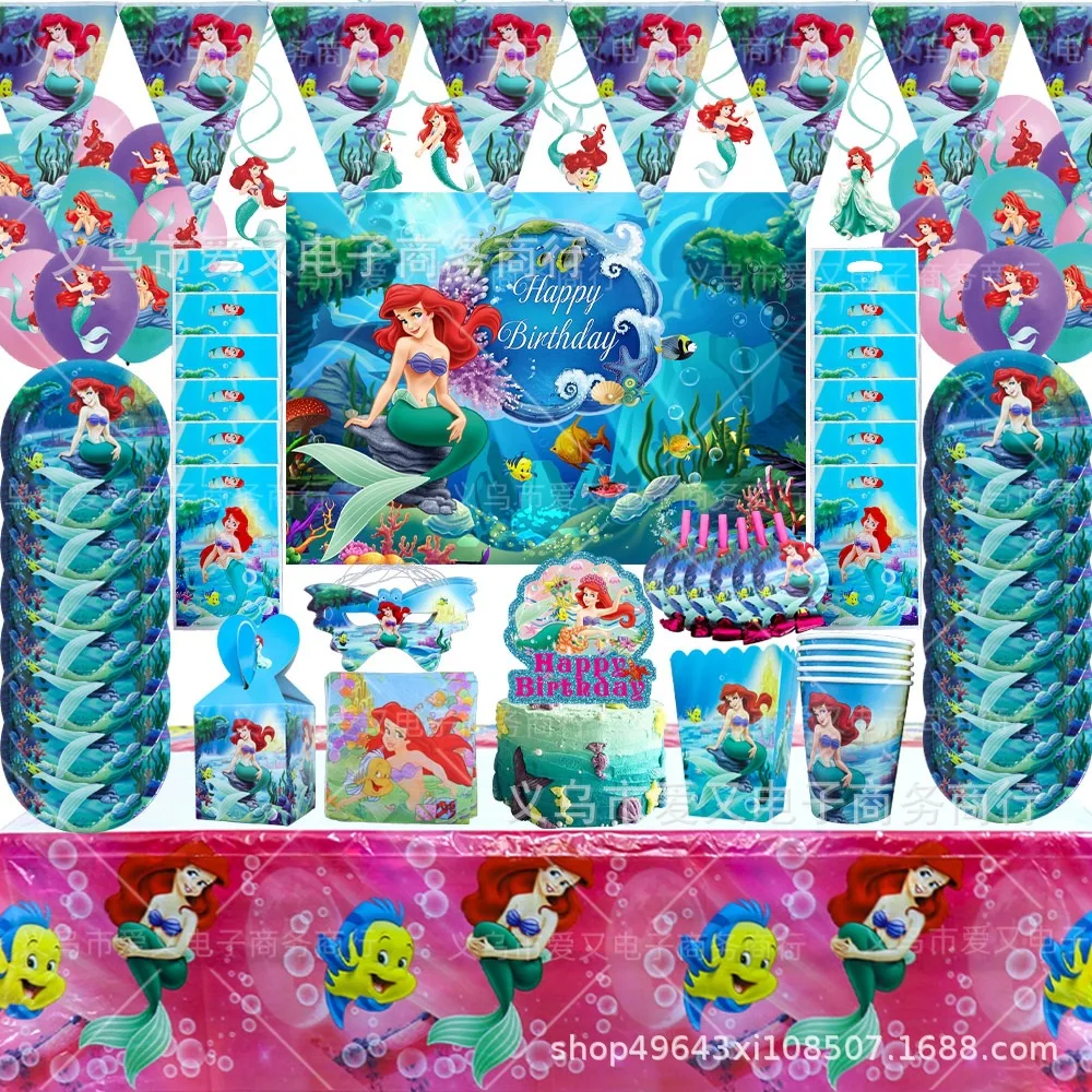 Little Mermaid Ariel Theme Girl Kids Birthday Party Decoration Plate Cup Banner Disposable Tableware Set Baby Shower Supply