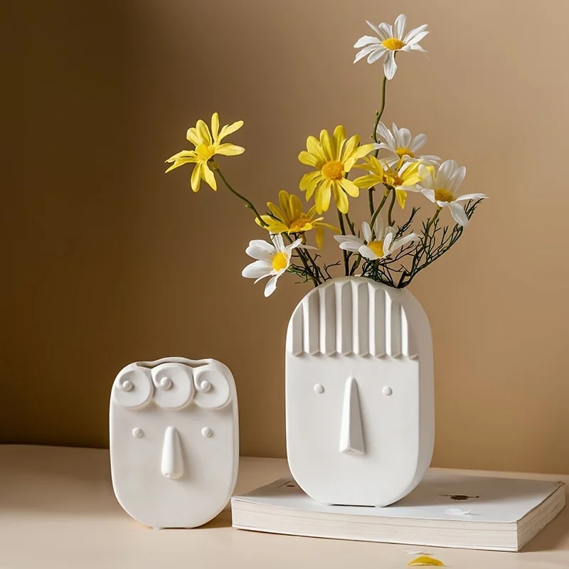 

Nordic White Ceramic Vase for Dried Flowers Cute Face Decor Home Office Living Room Desktop Ornament