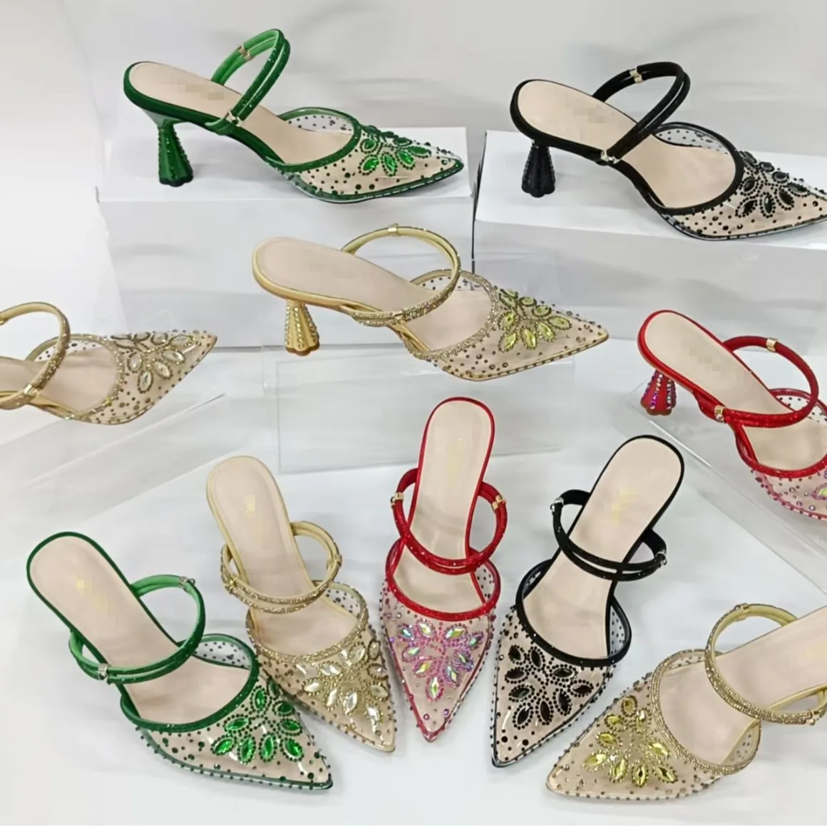 2026 Orange Transparent Mesh Rhinestone Slingback Pumps Gradient Crystal Pointed Toe Mid Heel Sandals Elegant Formal Dress Shoes view 3