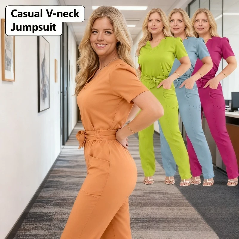 

2025 Women's Summer Bow Short Sleeve Straight Leg Pants Workwear Nurse Uniform Scrub Suit