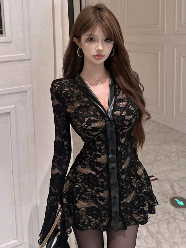 

Elegant Lace Splice V-Neck Puffy Sleeve Short Skirt Dress Women's Slim Fit High Waist Spring Autumn Pure Desire Fashion