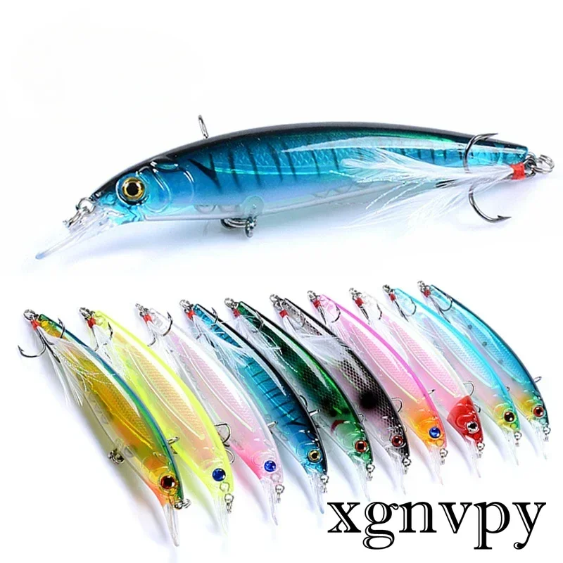 xgnvpy 1pc 7g 9cm Minnow Fishing Lure Bionic 3D Eyes Laser Hard Artificial Bait Feather Hook Sea Pesca Bait